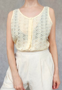 Vintage Pastel Yellow Eyelet Cutout Blouse, Small Size Top, 