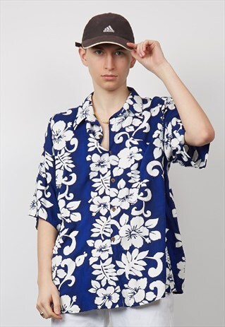 VINTAGE 90'S BLUE FLORAL PRINT HAWAIIAN SHIRT