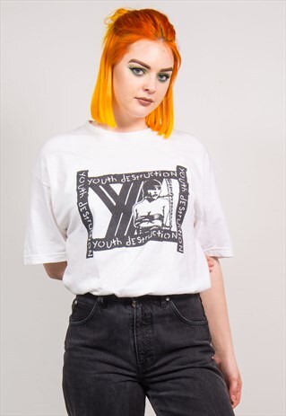 VINTAGE 90'S YOUTH DESTRUCTION PRINT WHITE OVERSIZED T-SHIRT