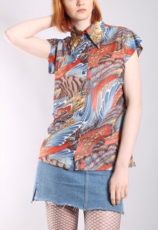 VINTAGE 70S ABSTRACT POINTY COLLAR CAP SLEEVE BLOUSE TOP