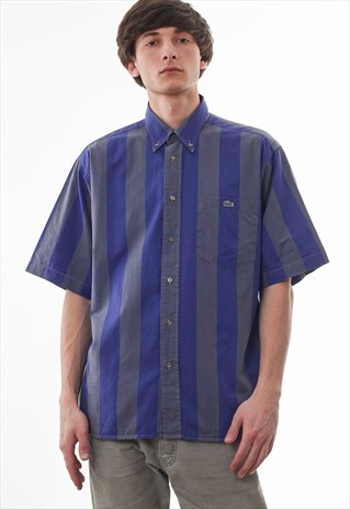 VINTAGE LACOSTE CHEMISE 90S PURPLE GREY STRIPED SHORT SLEEVE