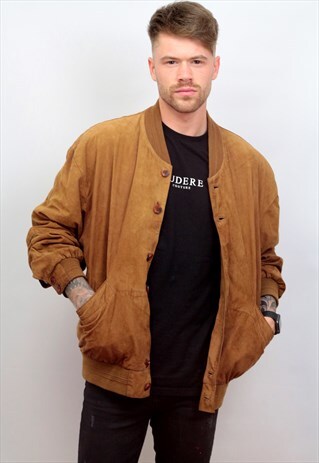 1980'S VINTAGE OVERSIZED TAN SUEDE BOMBER JACKET