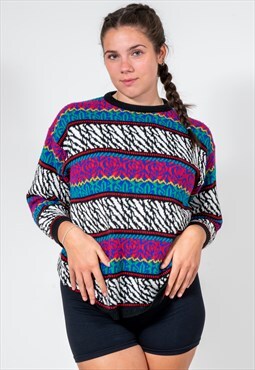 Vintage 90s Chunky Knit Abstract Patterned Jumper in Multi