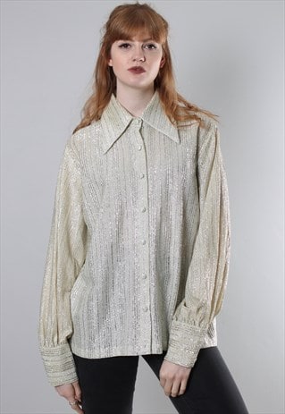 VINTAGE 70S METALLIC STRIPE MOD SHIRT BLOUSE