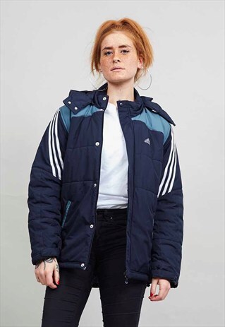 CLASSIC VINTAGE ADIDAS NAVY BLUE HOODED PUFFER COAT