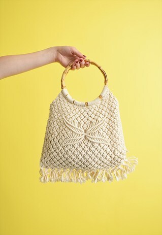 90'S RETRO CROCHET BOHO TOTE BAG WITH BAMBOO HANDLES