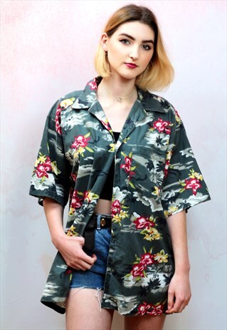 1990S VINTAGE DARK GREEN HAWAIIAN COTTON SHIRT