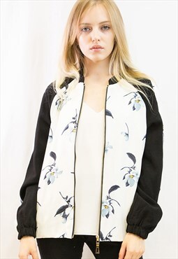 Black white Floral Print Bomber Jacket casual relaxed fit