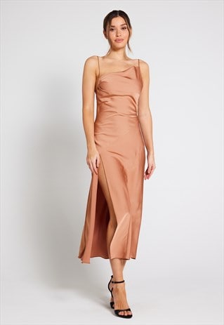 MILA ASYMMETRIC COWL NECK SATIN SLIP DRESS - ALMOND