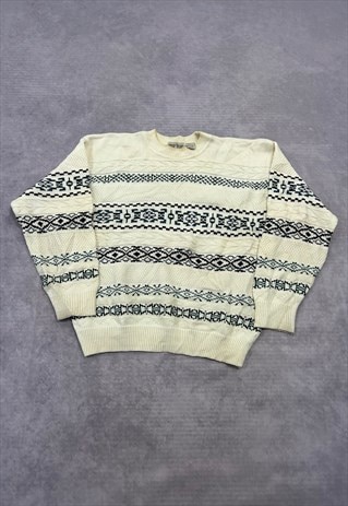 VINTAGE KNITTED JUMPER ABSTRACT PATTERNED GRANDAD SWEATER