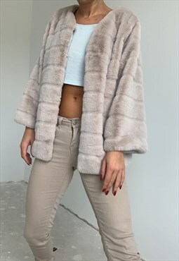 Grey Beige Soft Faux Fur Jacket 