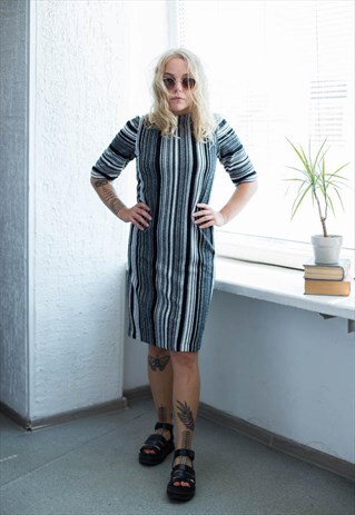 VINTAGE 80'S BLACK/WHITE STRIPED MIDI DRESS