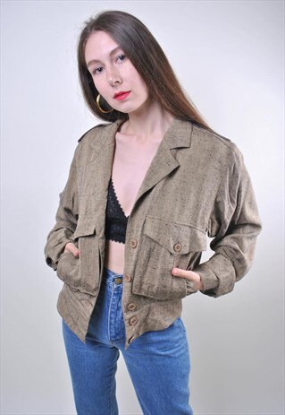 80S BROWN OVERSIZE BOMBER JACKET, VINTAGE MILITARY BLAZER