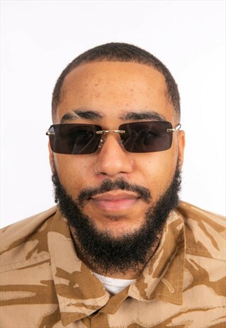 VINTAGE STYLE RIMLESS BLACK & GOLD RECTANGULAR SUNGLASSES