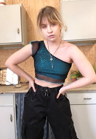 VINTAGE 90S Y2K GLITTER BUTTERFLY ONE SHOULDER CROP TOP
