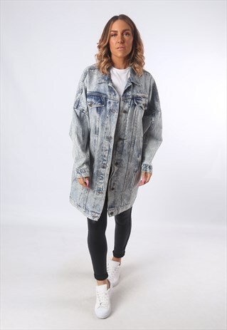 ACID WASH DENIM JACKET LONG LONGLINE OVERSIZED UK 18 (E1E)