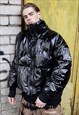 SHINY PLASTIC CROPPED BOMBER QUILTED PUFFER JACKET IN BLACK