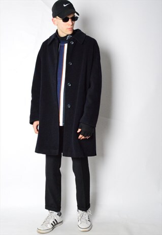 VINTAGE 80S UNISEX NAVY BLUE WOOL BLEND WINTER COAT