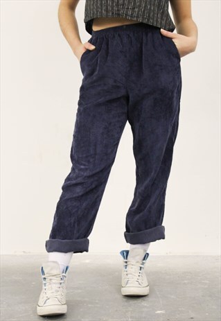 VINTAGE 1980S NAVY BLUE CORDUROY HIGH-WAISTED TROUSER