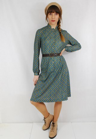 VINTAGE 70S/EARLY 80S PATTERNED MIDI DRESS GREEN