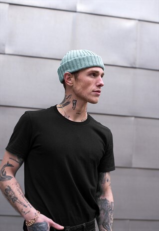 TURN UP TRAWLER PLUSH RIBBED BEANIE HAT - SOFT MINT BLUE