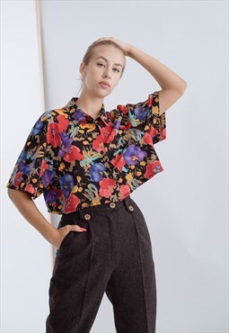 Vintage Grunge Reworked Short Sleeve Floral Crop Shirt M/L