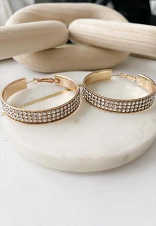 GOLD DIAMANTE DROP DIAMANTE RHINESTONE HOOP CIRCLE EARRINGS
