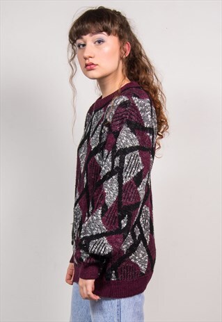 VINTAGE 90'S PURPLE DIAMOND PATTERN OVERSIZED KNIT JUMPER