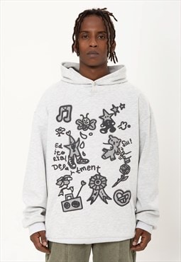 Psychedelic hoodie scribble print pullover grunge top grey