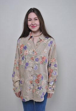 Flowers print shirt, vintage vocation button down, women 80s