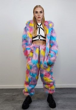 Marshmallow faux fur joggers raver pants parrot trousers