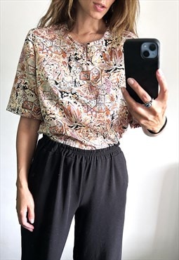 80s Printed Novelty Blouse - M