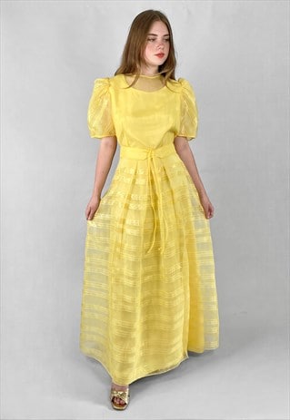 70's Vintage Yellow Short Sleeve Sheer Stripe Maxi Dress