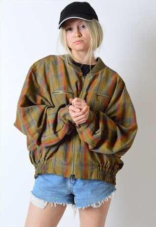VINTAGE 80S KHAKI CHECK LINEN BOMBER JACKET