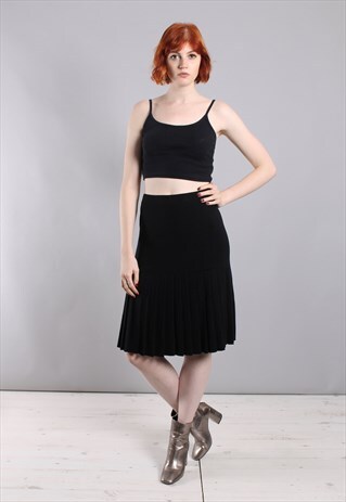 VINTAGE 80S BLACK STRETCHY WOOL PLEAT SKIRT