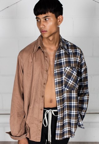 VINTAGE CORDUROY CHECKED FLANNEL RECONSTRUCTED UNISEX SHIRT