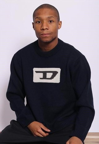 VINTAGE DIESEL BIG LOGO KNIT JUMPER NAVY BLUE