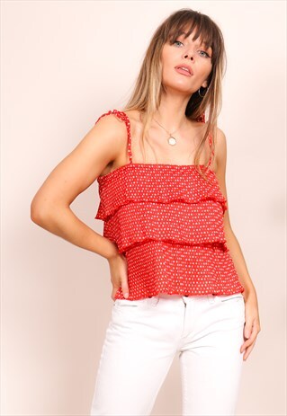VINTAGE 80S RED POLKA DOT TIERED CAMI TOP