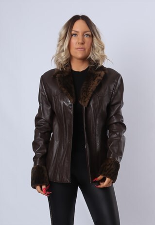 LEATHER JACKET 90'S VINTAGE FAUX FUR COLLAR UK 14 (CXH)