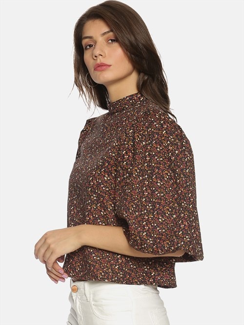 High-neck floral puff sleeve top