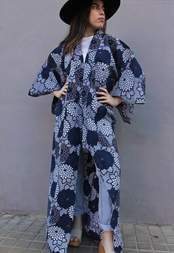 Navy Blue & White Floral Print Textured Fabric Maxi Kimono