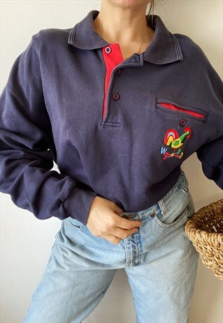 VINTAGE 90S BASICS LOGO SWEATSHIRT JUMPER PULLOVER BLUE
