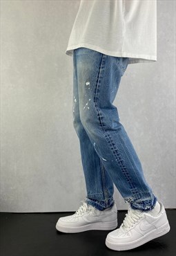 Levis 501 Blue Jeans Mens Straight Fit Paint Splatter Jeans 