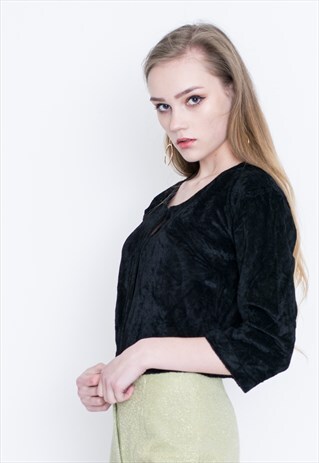 VINTAGE BLACK VELVET SHORT SLEEVE RETRO CROP TOP