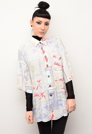 VINTAGE 90'S CUTE INDIE FOLK PATTERNED OVERSIZED SHIRT