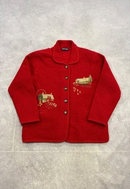 Vintage Wool Jacket Embroidered Houses Patterned Cardigan