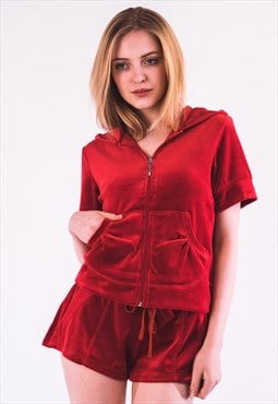 Velour Tracksuit Set in red Top and Shorts