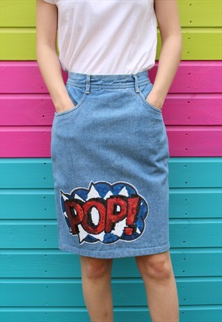 VINTAGE REWORKED BLUE DENIM FESTIVAL MIDI SKIRT SEQUIN BADGE