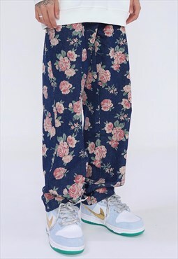 Rose print jeans floral pattern straight fit denim pants 