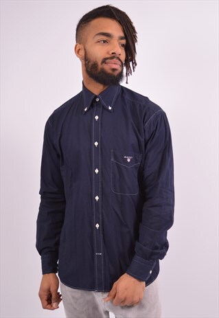 GANT MENS VINTAGE SHIRT MEDIUM NAVY BLUE 90S
